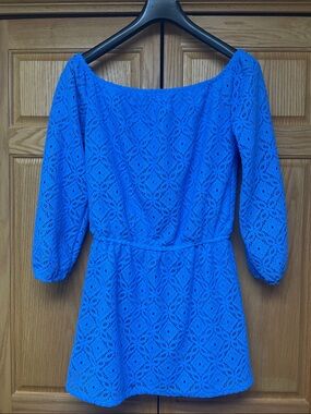 Lilly Pulitzer Lana Off The Shoulder Dress Blue Thistle Lace - Size Large